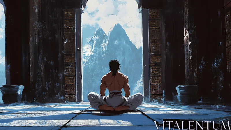 Solitary martial artist meditating before distant peak.