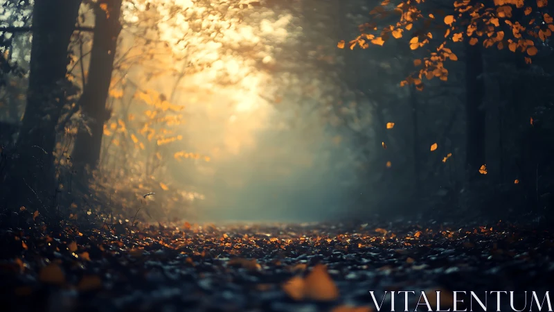 Autumn forest path with golden sunlight filtering through trees
