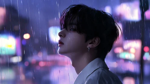 Melancholic young man in neon city rain at night.