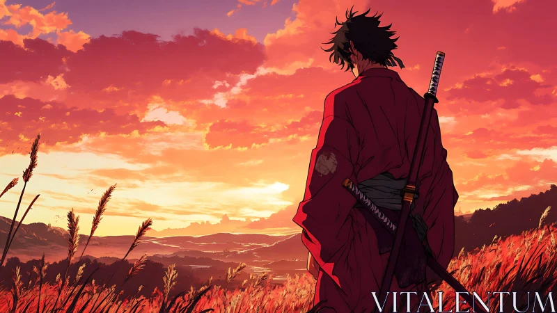 Samurai silhouette over blazing sunset field horizon.