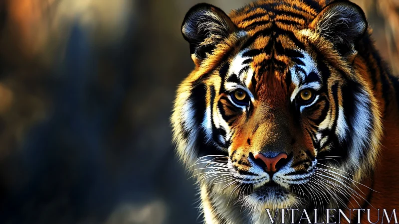 Close-up portrait of alert tiger with intense gaze.