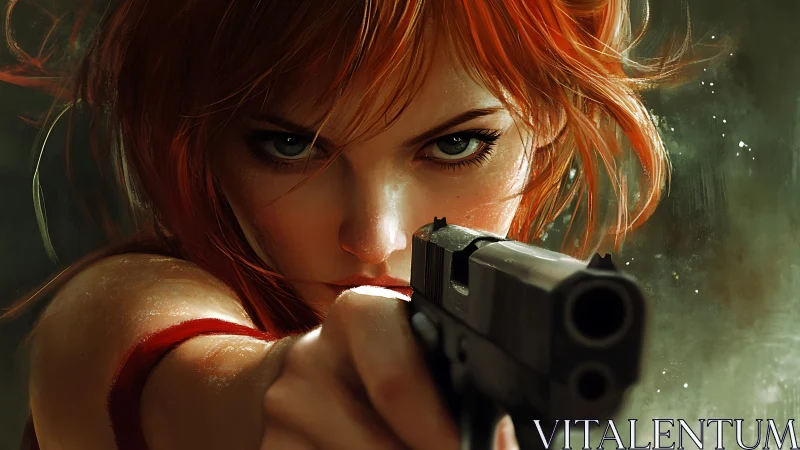 Red-haired woman aiming handgun in close frontal view.