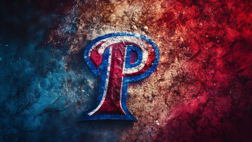 Textured red blue letter P emblem splits grunge background