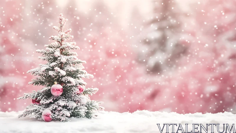 Snowy Christmas tree stands in soft pink winter snowfall