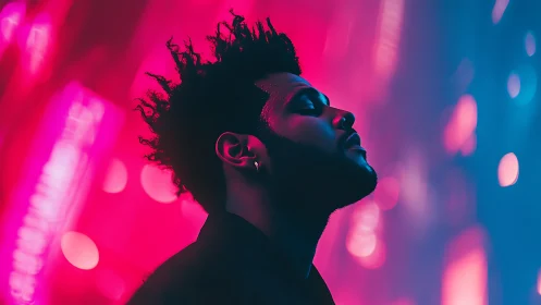 Neon bokeh portrait under dual-toned chromatic lighting field.