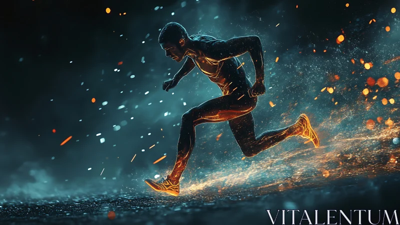 Runner sprints through glowing particles in dramatic motion