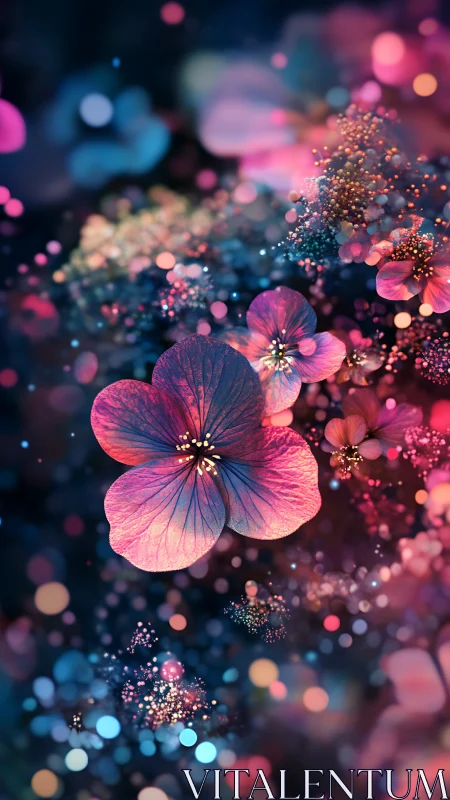 Digital Flowers Burst: Pink Petals and Golden Particles.