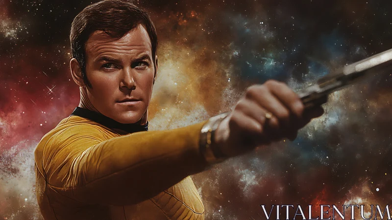 Photorealistic starship officer portrait with cosmic backdrop.