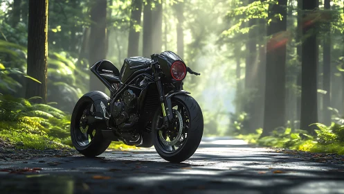 Midnight café racer pausing beneath cathedral pines.