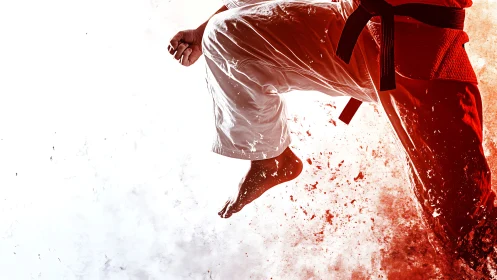 Karate fighter executes explosive airborne side kick