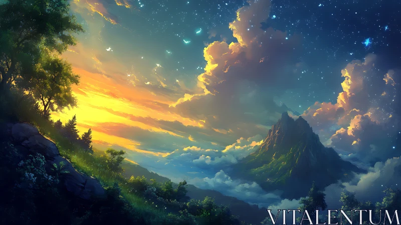 Sunset-lit mountain landscape transitions into starry night sky
