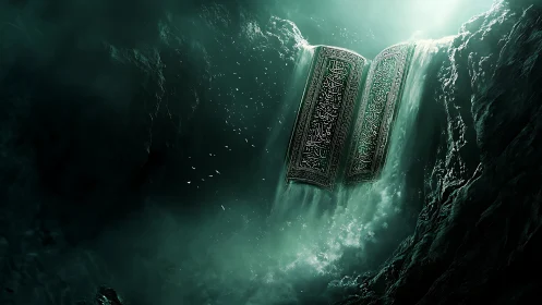 Ancient script tablet divides cascading emerald waterfall gorge