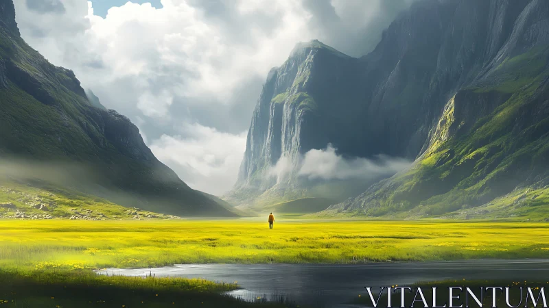 Solitary wanderer in luminous valley beneath misted cliffs.