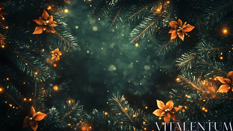 Festive evergreen border with poinsettias in digital painting style.