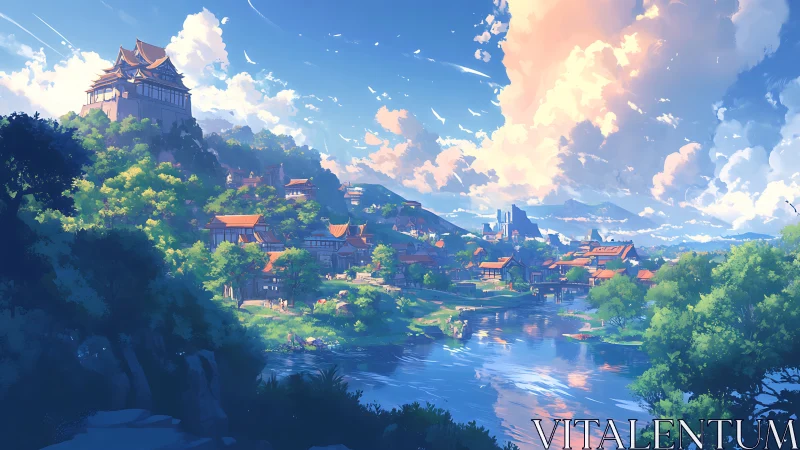 Sunlit riverside village rests below a tranquil hilltop castle