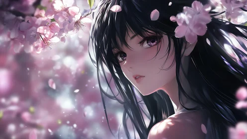 Anime portrait under soft-focus sakura canopy with rim lighting