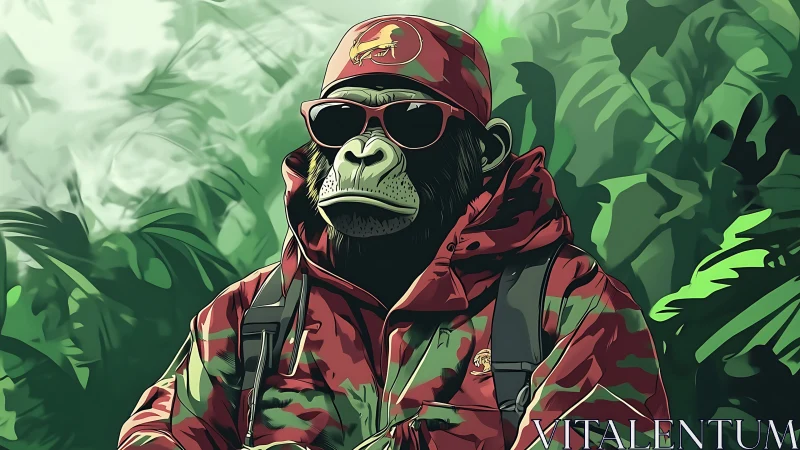 Cool gorilla in camo streetwear chills in lush jungle scene.