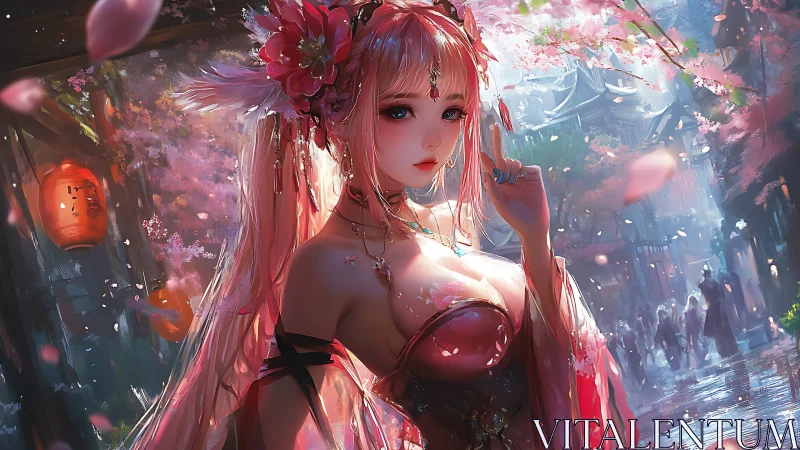 Blossom-clad anime maiden in luminous spring street scene.