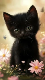 Obsidian Kitten Contemplates Daisies in Dreamland