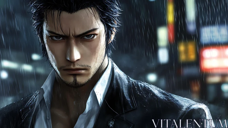 Neo-noir anime portrait in rain-soaked urban streetscape.