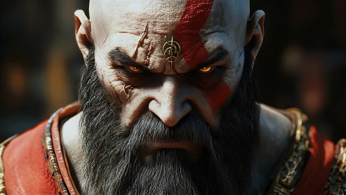 Battle-scarred warrior close-up with glowing, wrathful gaze.