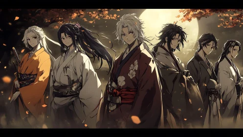 Moonlit samurai ensemble in layered autumnal kimonos.