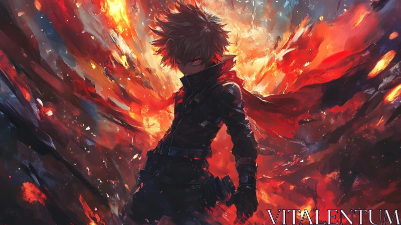 Explosive anime antihero amid swirling inferno backdrop.