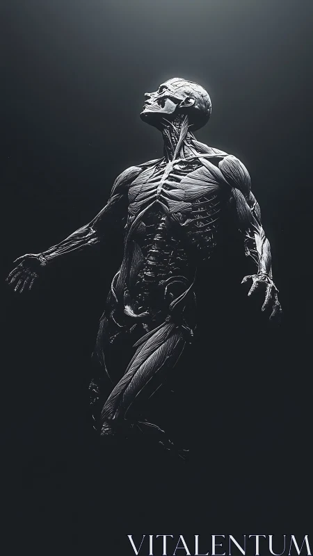 Anatomy of Ascension: luminous muscle figure in void.