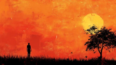 Solitary dusk wanderer beneath a molten ember sky.