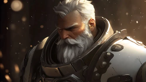 Armored veteran in heavy exosuit under cinematic rim lighting