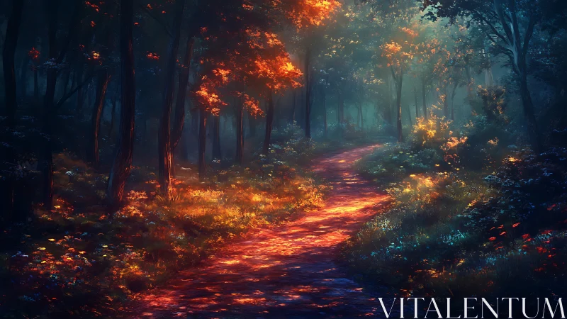 Luminescent Forest Path: Volumetric Light Through Canopy