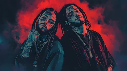 Twin tattooed rebels in neon smoke-lit swagger stance.