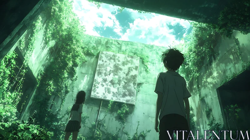 Overgrown concrete atrium frames sky-lit void and two observers