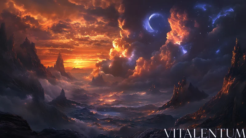 Twilight skies over a molten dreamscape of distant peaks.
