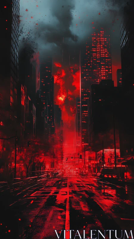 Burning futuristic city street glows under storm clouds
