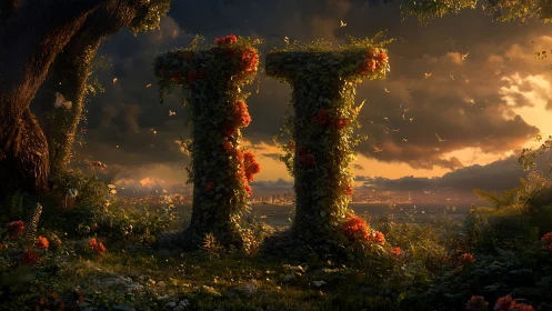 Sunlit ivy pillars gently welcome twilight over the bay