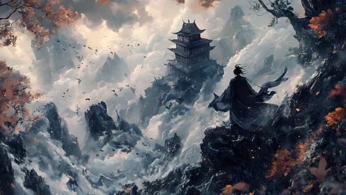 Solitary robed figure observing mountain temple in clouds.