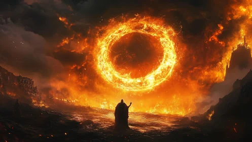 Fiery summoning ring engulfs a dark volcanic landscape.
