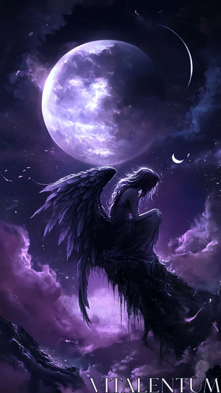 Fallen angel beneath luminous violet moonlit sky.