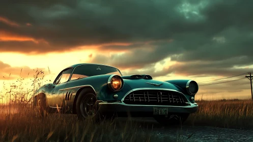 Sunset road welcomes a vintage teal car waiting for adventure