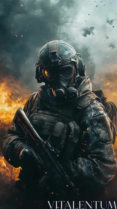 Armored soldier in gas mask amid fire and smoke backdrop.