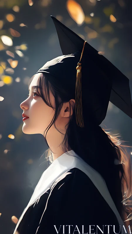 Side profile shows graduate in gown and cap under soft light