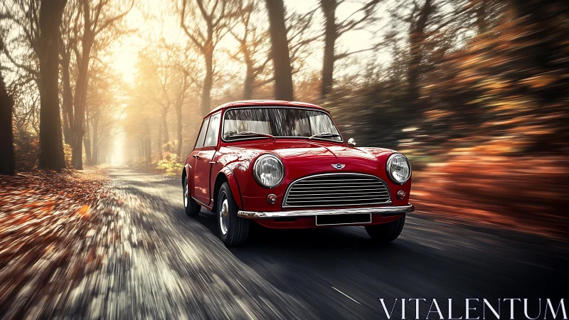 Classic red compact car in dynamic autumn forest motion blur