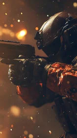 Armored sci fi soldier aims pistol amid blazing embers