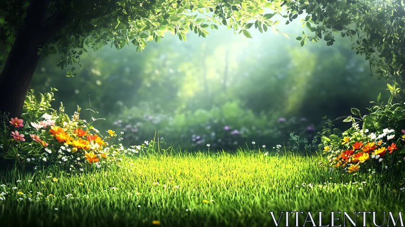 Sunlit garden clearing shows grass, flowers and overhanging tree