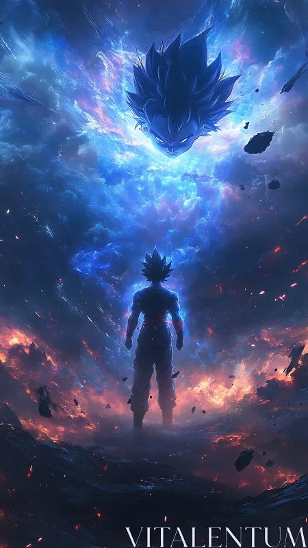 Anime warrior stands under cosmic energy storm sky.