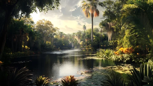 Still water, tall palms, and a sunlit secret jungle haven.