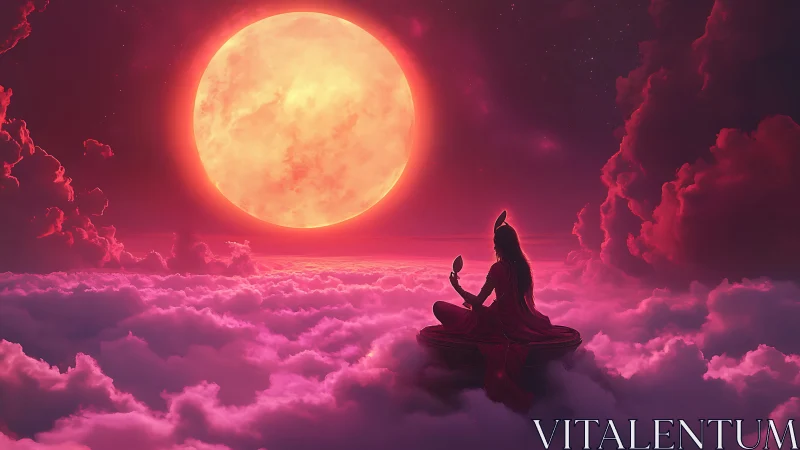 Moonlit goddess studies her reflection above cotton clouds