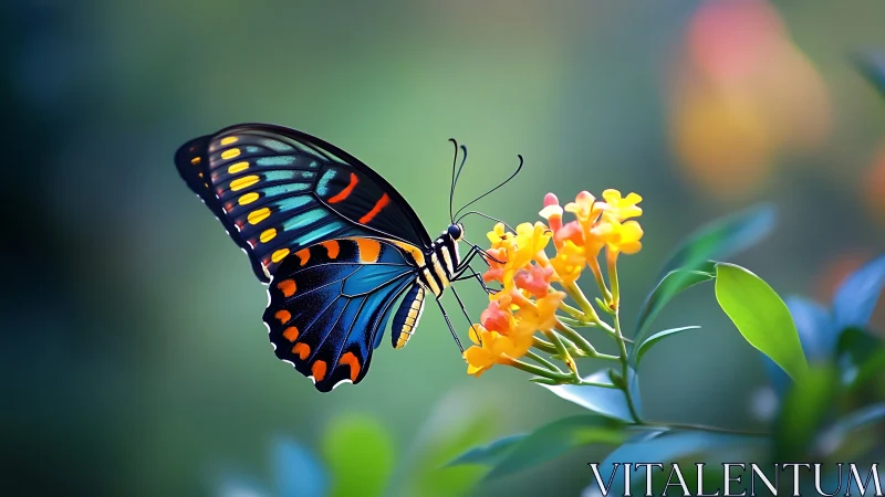 Iridescent swallowtail butterfly on lantana under shallow bokeh field.