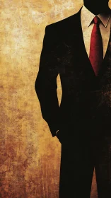 Sharp suited silhouette with bold red power tie poised.
